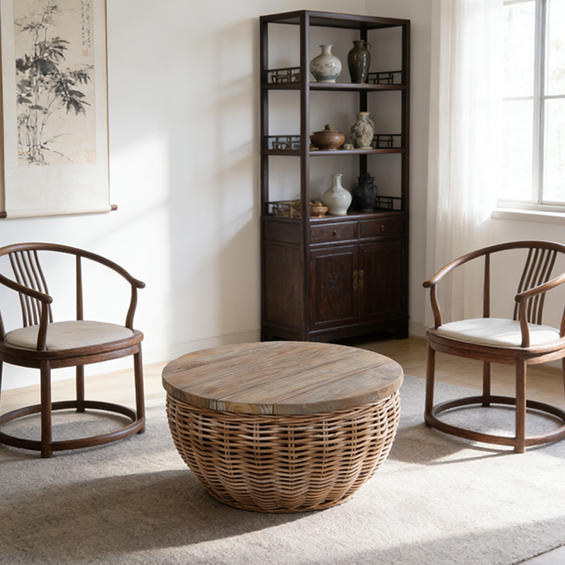 Elegant Vintage Round Rattan Coffee Table - Solid Wood, Hand-Woven, Rustic Charm, Durable Craftsmanship, Timeless Style for Living Room & Veranda