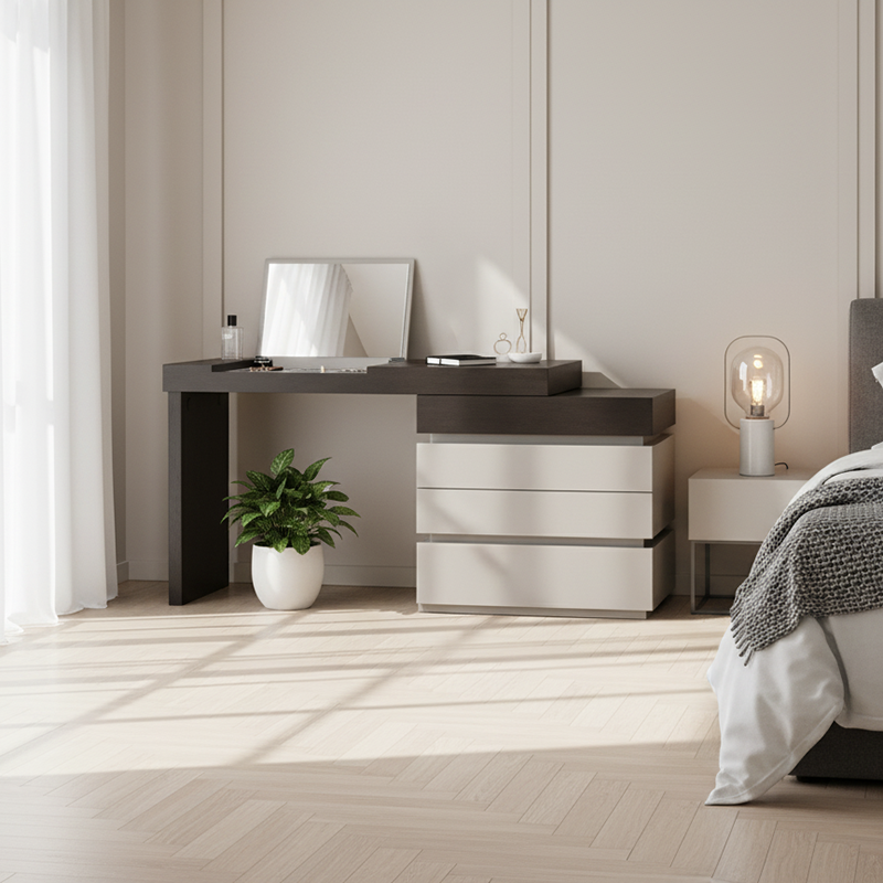 Modern Minimalist Rectangular Makeup Vanity — Multi-Layer Solid Wood Build, Sturdy & Eco-Friendly with Natural Clear Grain, Efficient Storage, Space-Saving & Easy-Clean Surface for Living Room & Bedroom