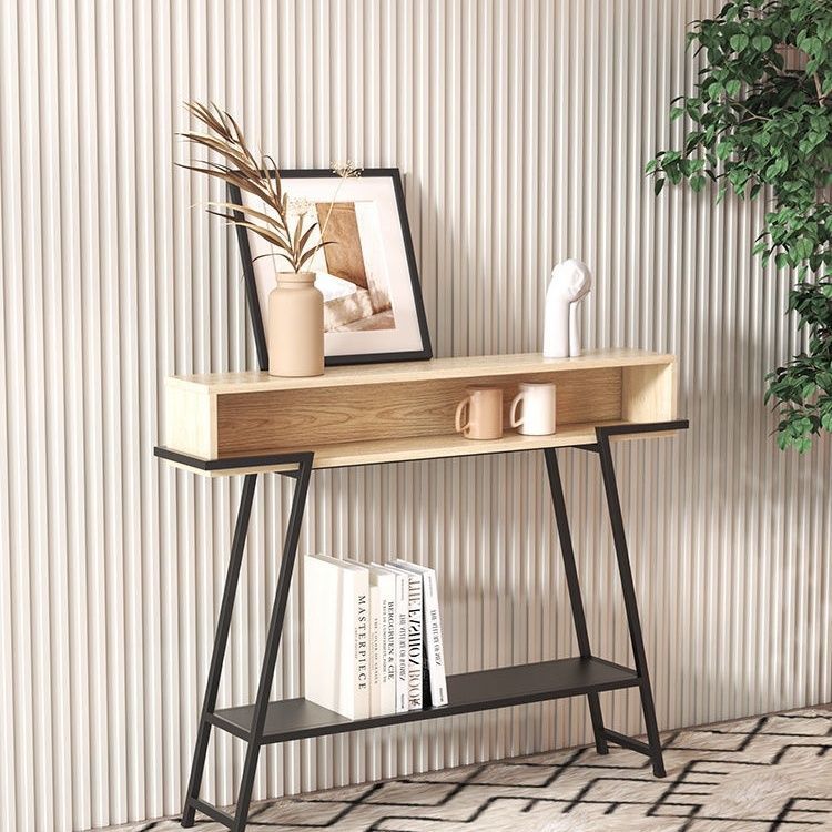 Sleek Modern Minimalist Solid Wood Console Table with Iron Frame, 3-Tier Rectangular Storage for Entryways