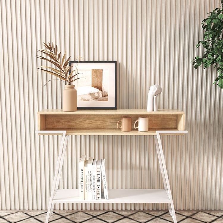 Sleek Modern Minimalist Solid Wood Console Table with Iron Frame, 3-Tier Rectangular Storage for Entryways