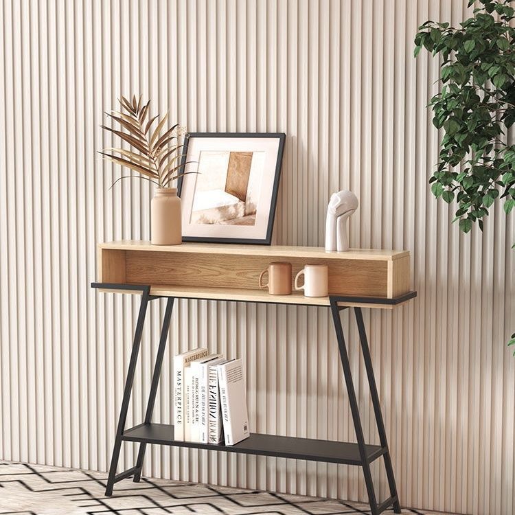 Sleek Modern Minimalist Solid Wood Console Table with Iron Frame, 3-Tier Rectangular Storage for Entryways
