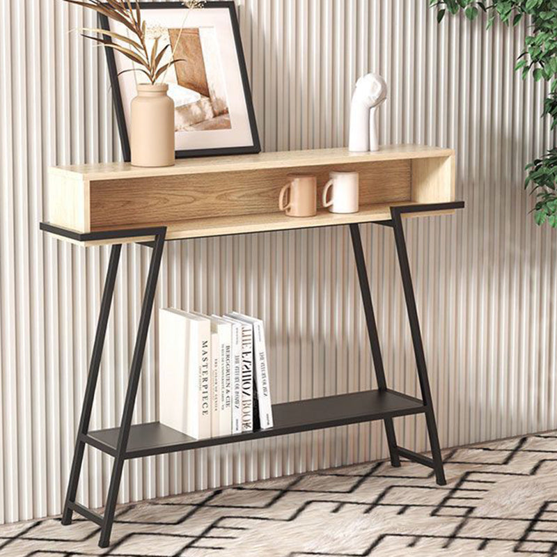 Sleek Modern Minimalist Solid Wood Console Table with Iron Frame, 3-Tier Rectangular Storage for Entryways