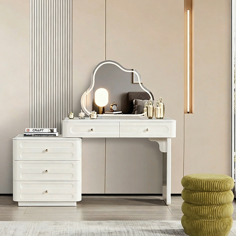 Nordic-Style Adjustable Makeup Vanity - White, Sturdy MDF & Solid Wood Particle Board with 5 Drawers