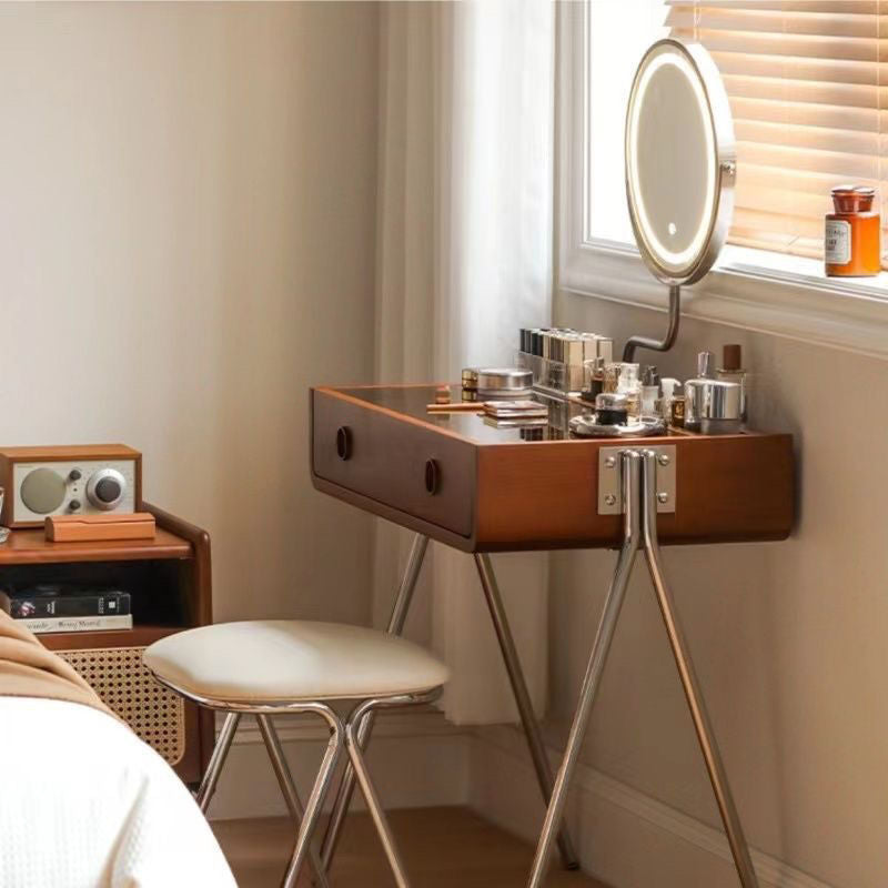 Contemporary Retro Solid Wood Vanity with Stainless Steel & Glass - Rectangular 1-Drawer Makeup Table for Bedroom