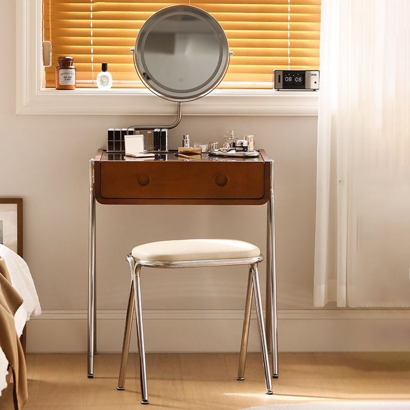 Contemporary Retro Solid Wood Vanity with Stainless Steel & Glass - Rectangular 1-Drawer Makeup Table for Bedroom