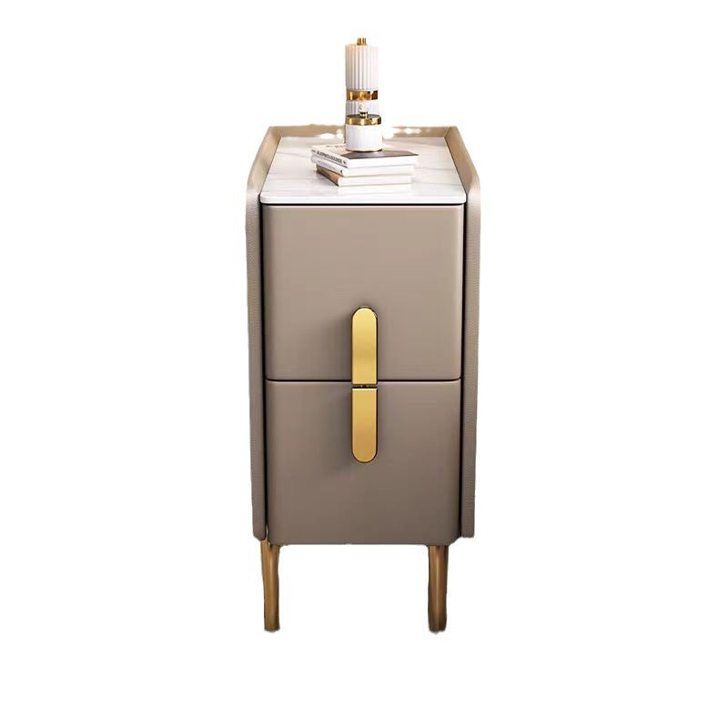 Contemporary Nordic Slab Nightstand with Faux Leather Top, Solid Wood & Carbon Steel Frame, Narrow Rectangular Bedside Table with 2 Drawers