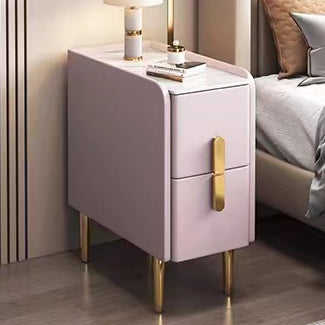 Contemporary Nordic Slab Nightstand with Faux Leather Top, Solid Wood & Carbon Steel Frame, Narrow Rectangular Bedside Table with 2 Drawers