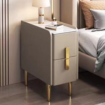 Contemporary Nordic Slab Nightstand with Faux Leather Top, Solid Wood & Carbon Steel Frame, Narrow Rectangular Bedside Table with 2 Drawers