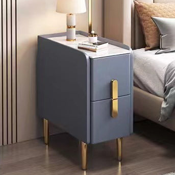 Contemporary Nordic Slab Nightstand with Faux Leather Top, Solid Wood & Carbon Steel Frame, Narrow Rectangular Bedside Table with 2 Drawers