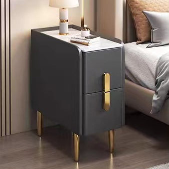 Contemporary Nordic Slab Nightstand with Faux Leather Top, Solid Wood & Carbon Steel Frame, Narrow Rectangular Bedside Table with 2 Drawers