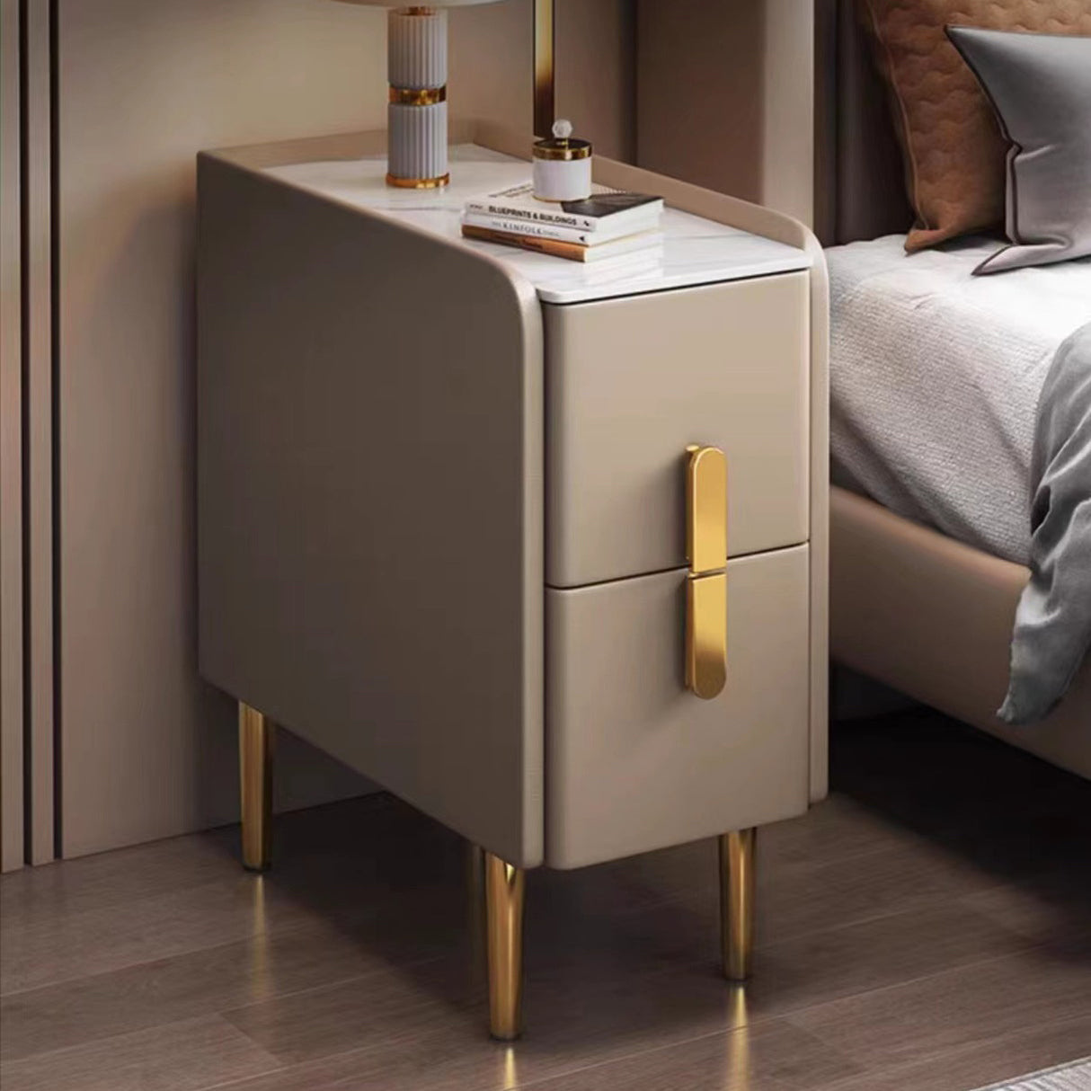 Contemporary Nordic Slab Nightstand with Faux Leather Top, Solid Wood & Carbon Steel Frame, Narrow Rectangular Bedside Table with 2 Drawers