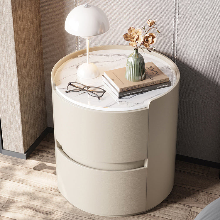 Modern Minimalist Round Nightstand with Velvet Synthetic Leather, Rock Slab Accent and Solid Wood Plywood, 2-Drawer Bedside Table
