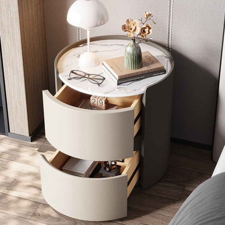 Modern Minimalist Round Nightstand with Velvet Synthetic Leather, Rock Slab Accent and Solid Wood Plywood, 2-Drawer Bedside Table