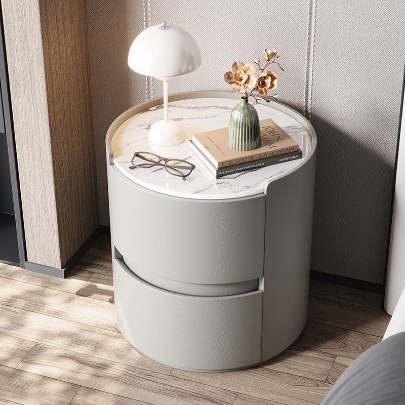 Modern Minimalist Round Nightstand with Velvet Synthetic Leather, Rock Slab Accent and Solid Wood Plywood, 2-Drawer Bedside Table