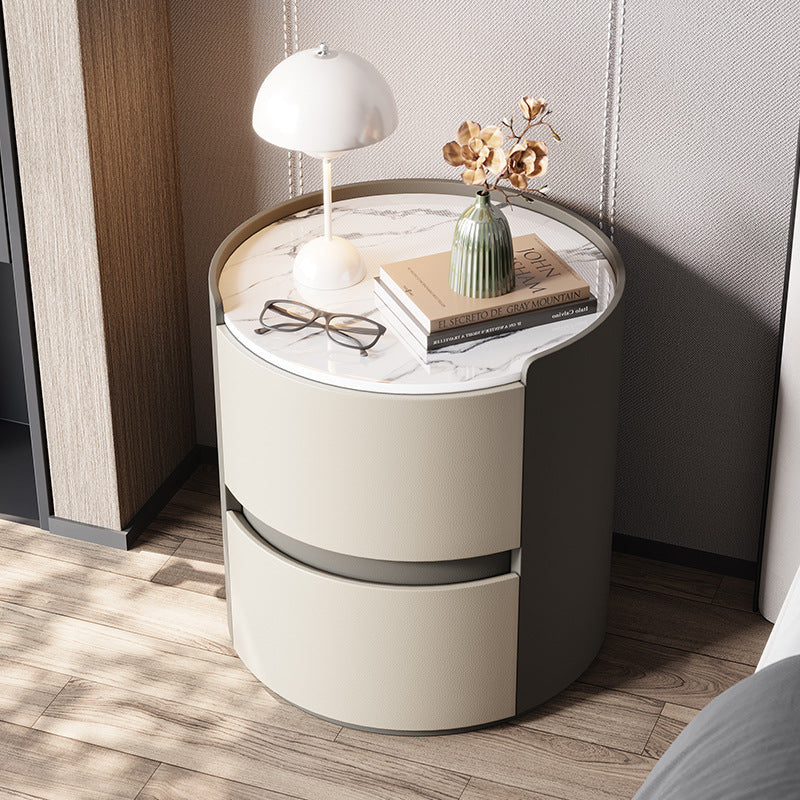 Modern Minimalist Round Nightstand with Velvet Synthetic Leather, Rock Slab Accent and Solid Wood Plywood, 2-Drawer Bedside Table