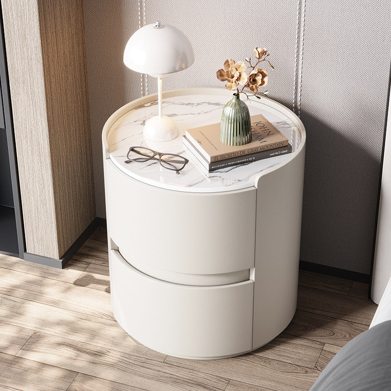 Modern Minimalist Round Nightstand with Velvet Synthetic Leather, Rock Slab Accent and Solid Wood Plywood, 2-Drawer Bedside Table