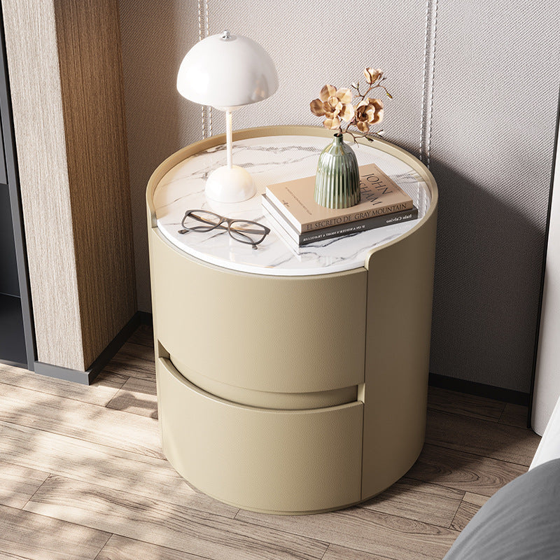 Modern Minimalist Round Nightstand with Velvet Synthetic Leather, Rock Slab Accent and Solid Wood Plywood, 2-Drawer Bedside Table