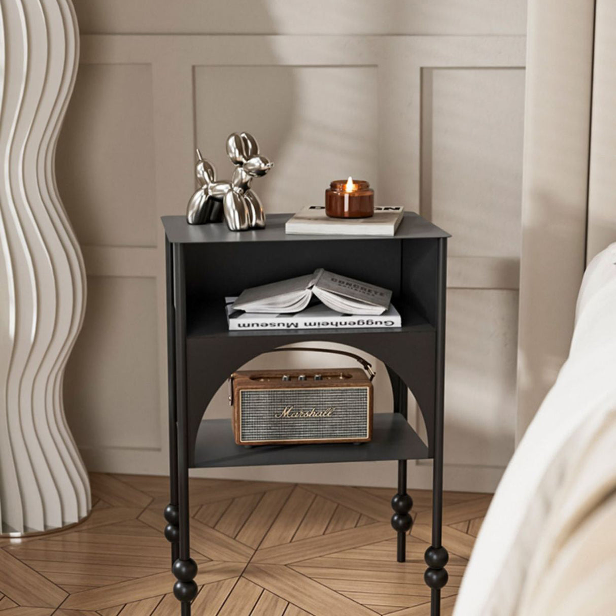 Contemporary Retro Iron Nightstand with Arched Rectangular Frame and 2-Tier Bedside Cabinet