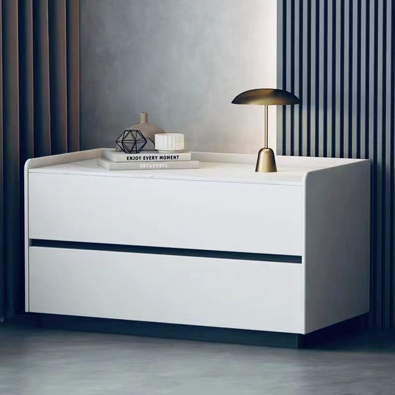 Modern Minimalist Nightstand — Solid Wood & Microfiber Leather, Rectangular Slab Design, 2-Drawer Bedroom Table