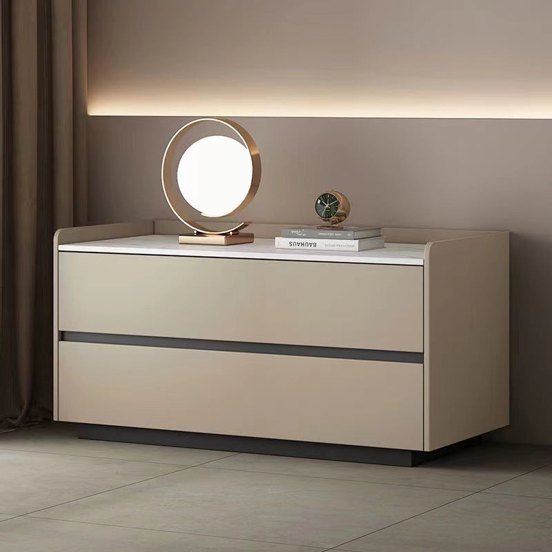 Modern Minimalist Nightstand — Solid Wood & Microfiber Leather, Rectangular Slab Design, 2-Drawer Bedroom Table