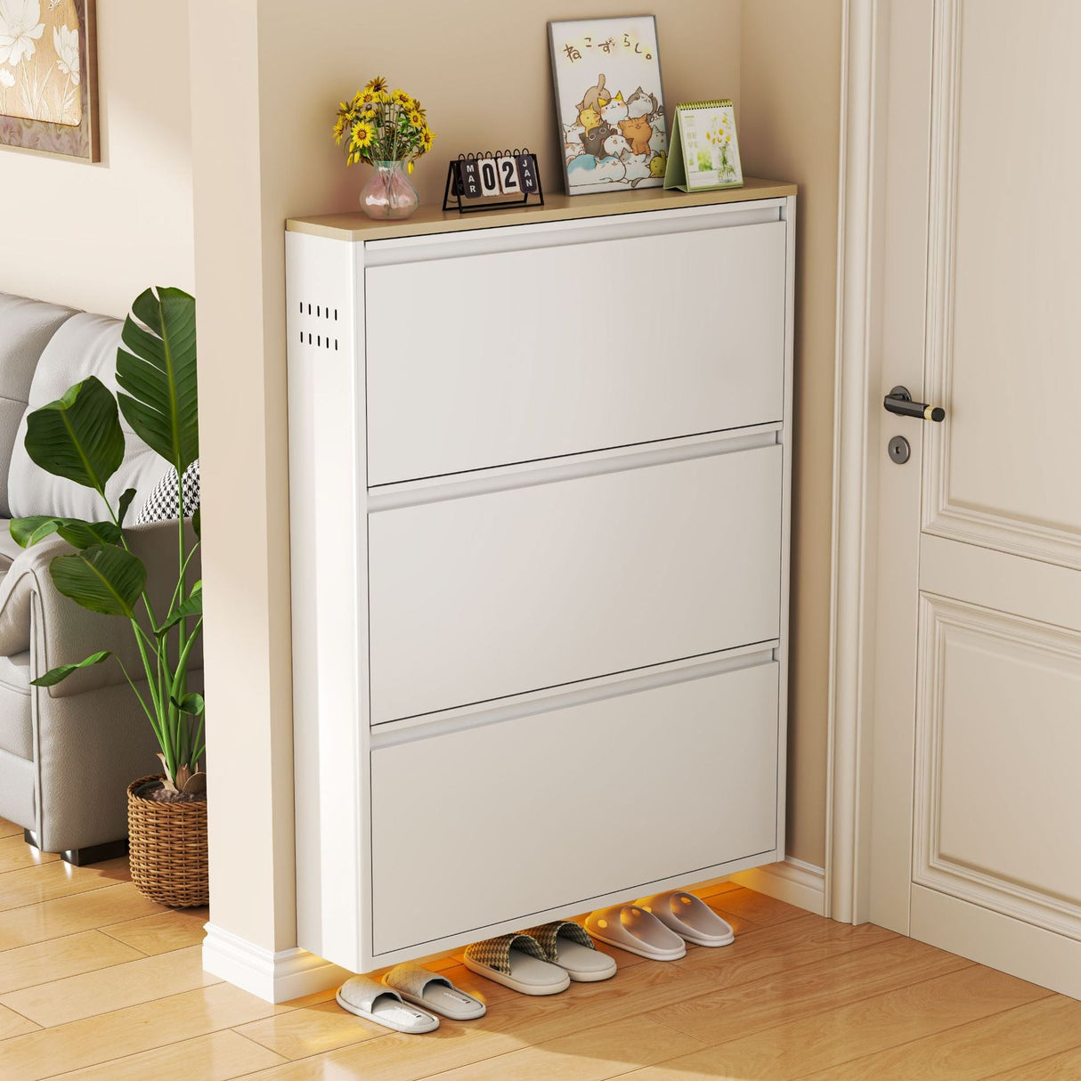 Modern Minimalist Steel Slim Rectangular Shoe Storage with Flip Drawers — 3/4-Tier Entryway Organizer