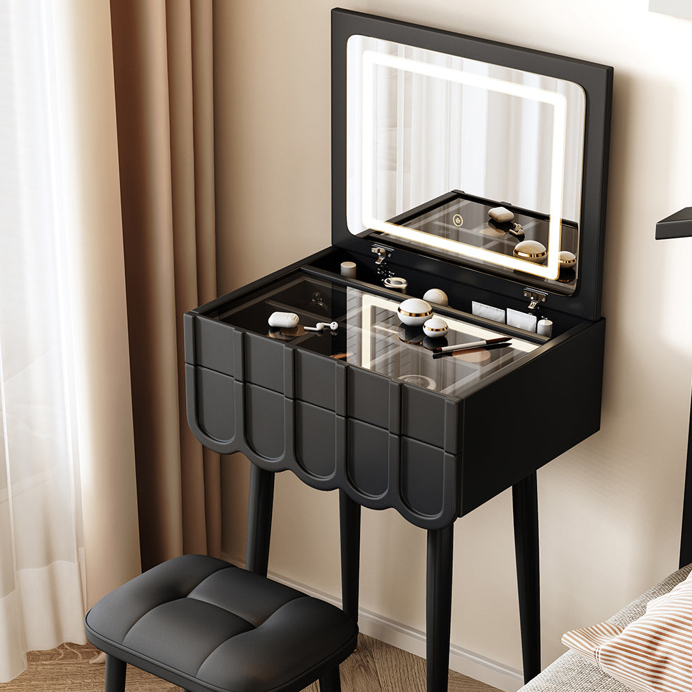 Elegant Modern Minimalist Eco-Board Vanity Set with Metal Frame, Arch-Top Rectangular Design, Flip-Top LED Mirror, 2 Drawers & Matching Stool for Bedroom