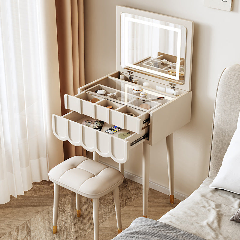Elegant Modern Minimalist Eco-Board Vanity Set with Metal Frame, Arch-Top Rectangular Design, Flip-Top LED Mirror, 2 Drawers & Matching Stool for Bedroom