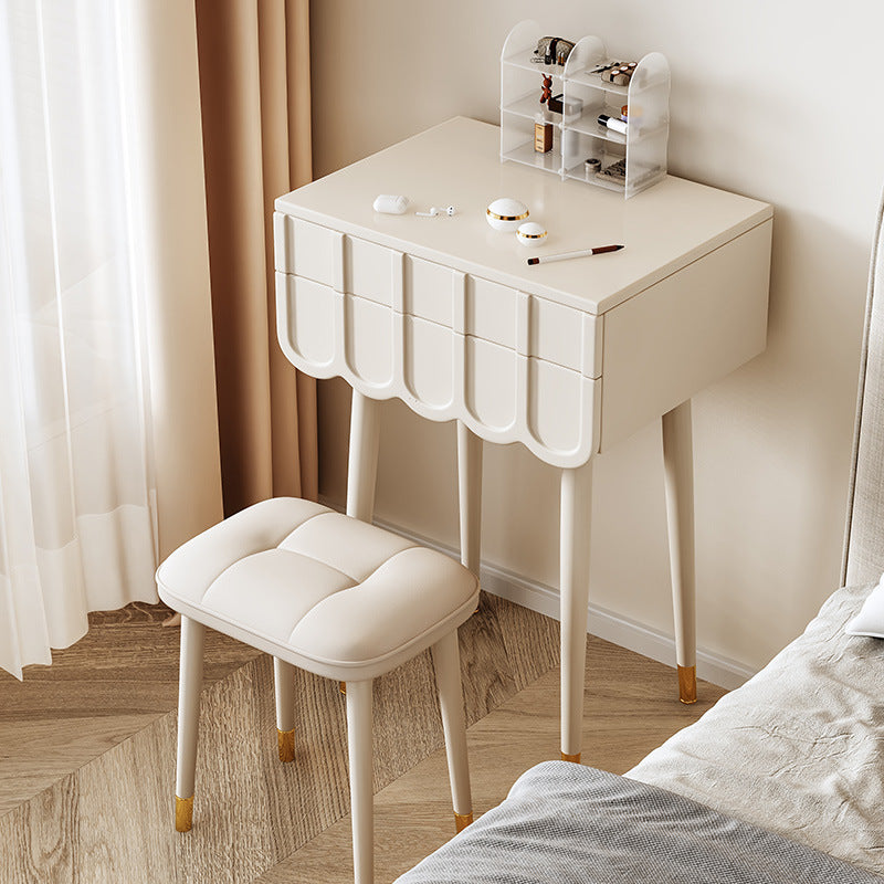 Elegant Modern Minimalist Eco-Board Vanity Set with Metal Frame, Arch-Top Rectangular Design, Flip-Top LED Mirror, 2 Drawers & Matching Stool for Bedroom