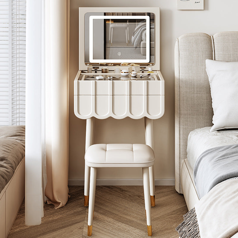 Elegant Modern Minimalist Eco-Board Vanity Set with Metal Frame, Arch-Top Rectangular Design, Flip-Top LED Mirror, 2 Drawers & Matching Stool for Bedroom