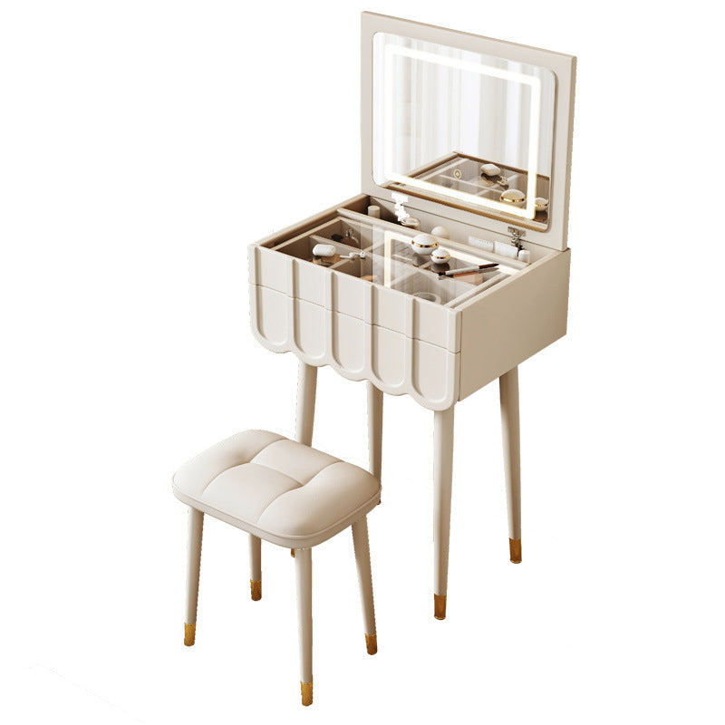 Elegant Modern Minimalist Eco-Board Vanity Set with Metal Frame, Arch-Top Rectangular Design, Flip-Top LED Mirror, 2 Drawers & Matching Stool for Bedroom