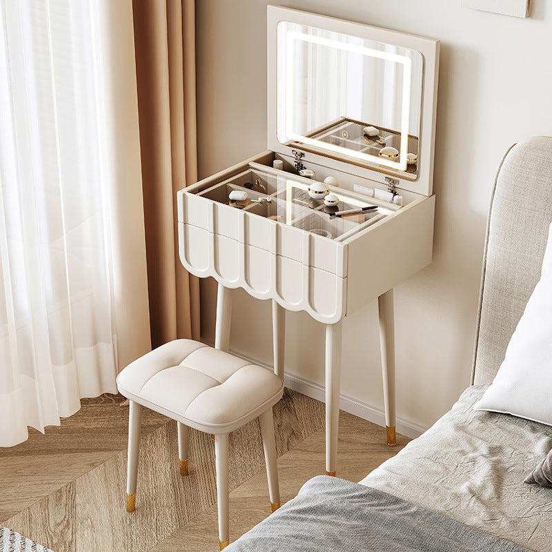 Elegant Modern Minimalist Eco-Board Vanity Set with Metal Frame, Arch-Top Rectangular Design, Flip-Top LED Mirror, 2 Drawers & Matching Stool for Bedroom