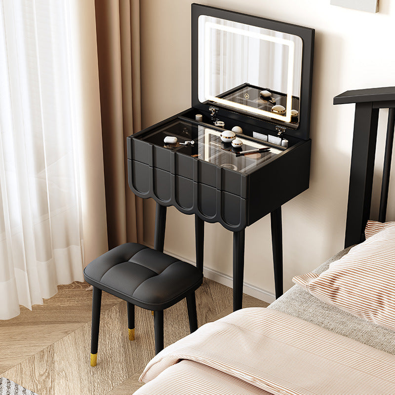 Elegant Modern Minimalist Eco-Board Vanity Set with Metal Frame, Arch-Top Rectangular Design, Flip-Top LED Mirror, 2 Drawers & Matching Stool for Bedroom