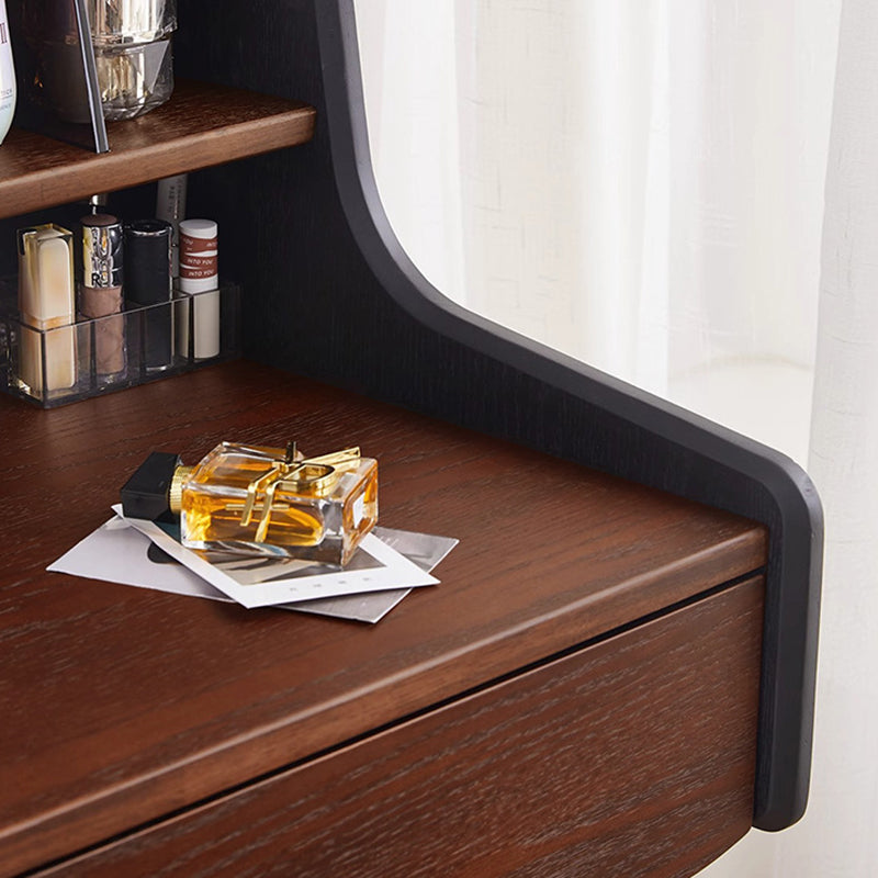 Modern Retro Solid Wood Vanity Desk with Arch Mirror and Roman-Column Accents, Includes Matching Stool for Bedroom