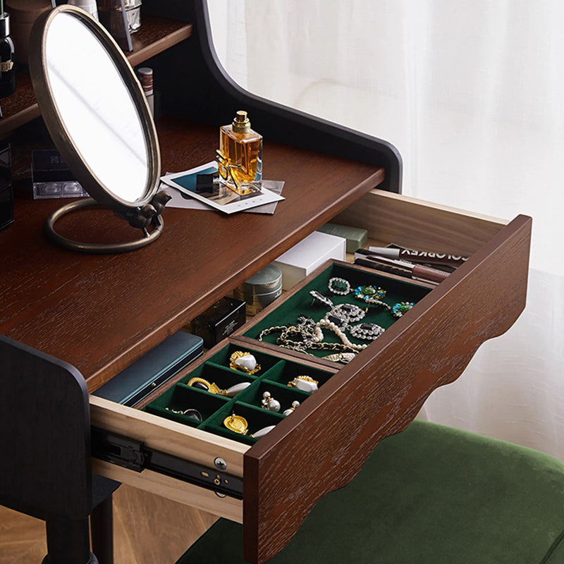 Modern Retro Solid Wood Vanity Desk with Arch Mirror and Roman-Column Accents, Includes Matching Stool for Bedroom