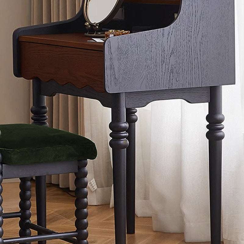 Modern Retro Solid Wood Vanity Desk with Arch Mirror and Roman-Column Accents, Includes Matching Stool for Bedroom