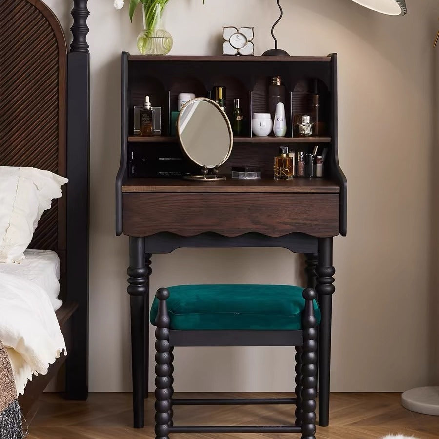 Modern Retro Solid Wood Vanity Desk with Arch Mirror and Roman-Column Accents, Includes Matching Stool for Bedroom