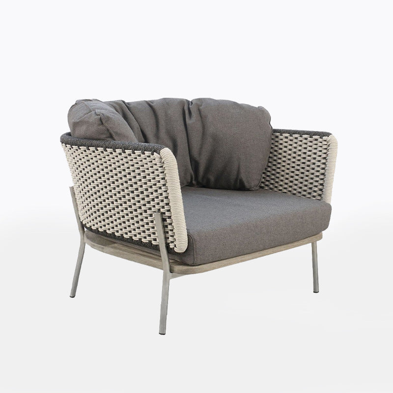 Contemporary Scandinavian Rope-Weave Outdoor Coffee Table & Chair Set with Aluminum Alloy Slab Top – Square Patio Furniture