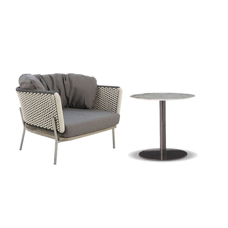 Contemporary Scandinavian Rope-Weave Outdoor Coffee Table & Chair Set with Aluminum Alloy Slab Top – Square Patio Furniture