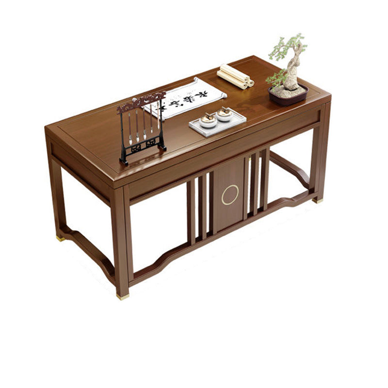 Traditional Chinese Solid Rubber Wood and Brass Rectangular Desk & Chair Set with Vertical Beam, 3-Drawer Storage for Home Office