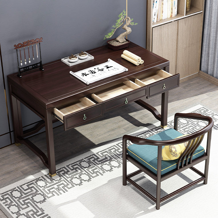 Traditional Chinese Solid Rubber Wood and Brass Rectangular Desk & Chair Set with Vertical Beam, 3-Drawer Storage for Home Office