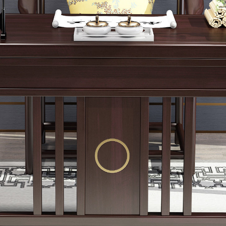 Traditional Chinese Solid Rubber Wood and Brass Rectangular Desk & Chair Set with Vertical Beam, 3-Drawer Storage for Home Office