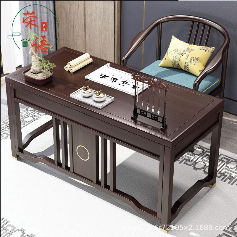 Traditional Chinese Solid Rubber Wood and Brass Rectangular Desk & Chair Set with Vertical Beam, 3-Drawer Storage for Home Office
