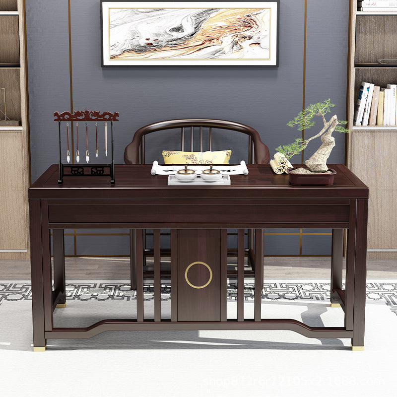 Traditional Chinese Solid Rubber Wood and Brass Rectangular Desk & Chair Set with Vertical Beam, 3-Drawer Storage for Home Office