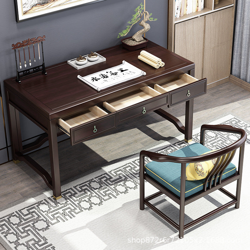 Traditional Chinese Solid Rubber Wood and Brass Rectangular Desk & Chair Set with Vertical Beam, 3-Drawer Storage for Home Office
