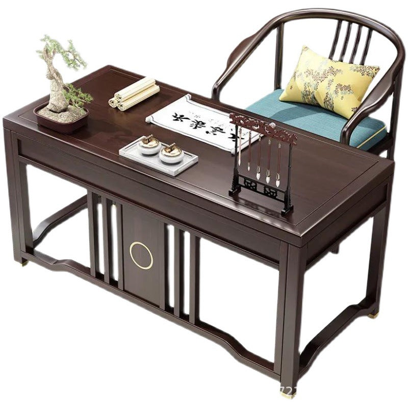 Traditional Chinese Solid Rubber Wood and Brass Rectangular Desk & Chair Set with Vertical Beam, 3-Drawer Storage for Home Office