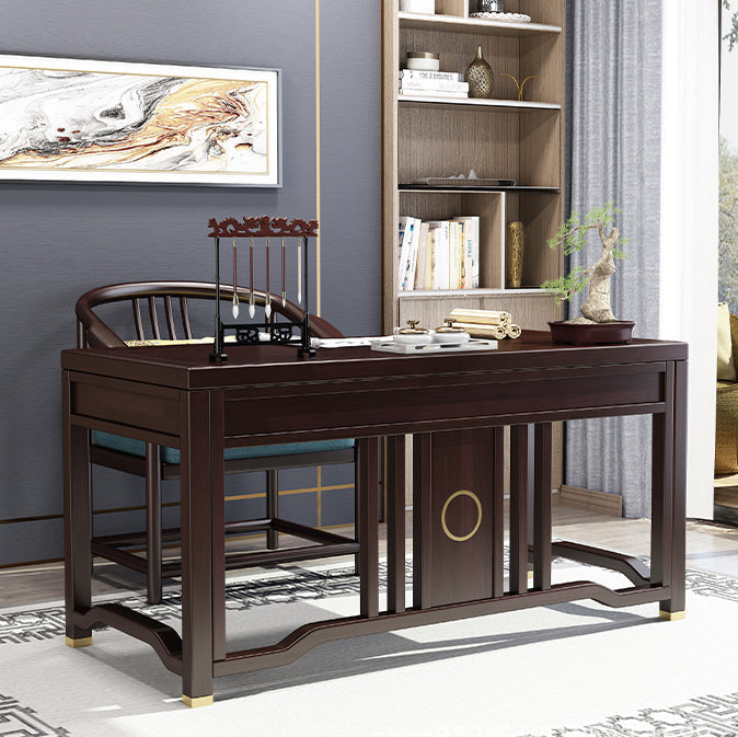 Traditional Chinese Solid Rubber Wood and Brass Rectangular Desk & Chair Set with Vertical Beam, 3-Drawer Storage for Home Office