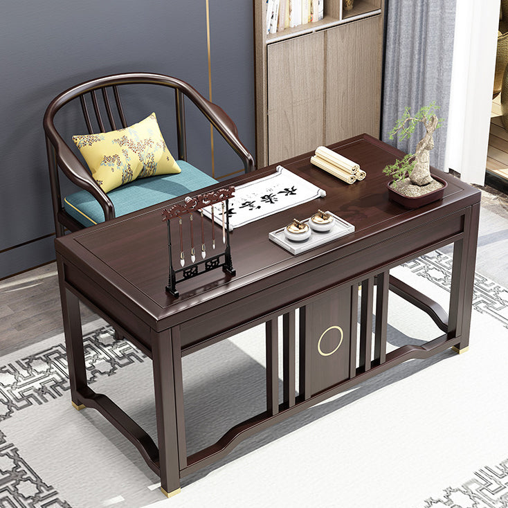 Traditional Chinese Solid Rubber Wood and Brass Rectangular Desk & Chair Set with Vertical Beam, 3-Drawer Storage for Home Office