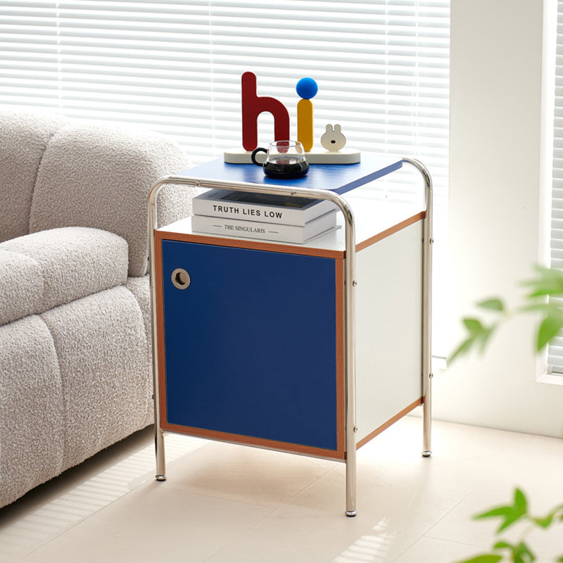 Modern Nordic Rectangular Wood and Stainless Steel Nightstand with One Cabinet – Bedroom Side Table