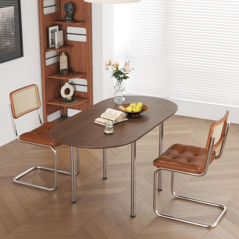Modern Minimalist Foldable Oval Dining Table – Melamine-Faced Board, Wood & Stainless Steel, Seats 4
