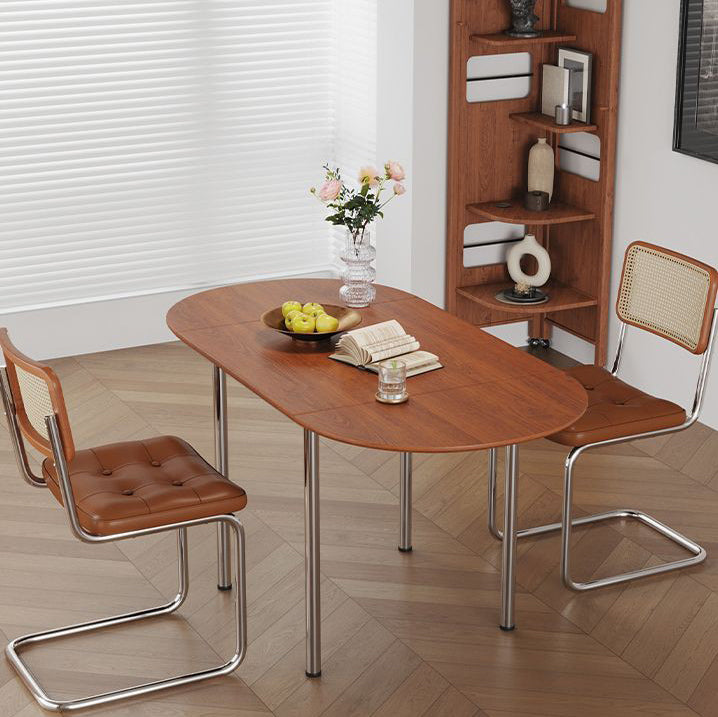 Modern Minimalist Foldable Oval Dining Table – Melamine-Faced Board, Wood & Stainless Steel, Seats 4